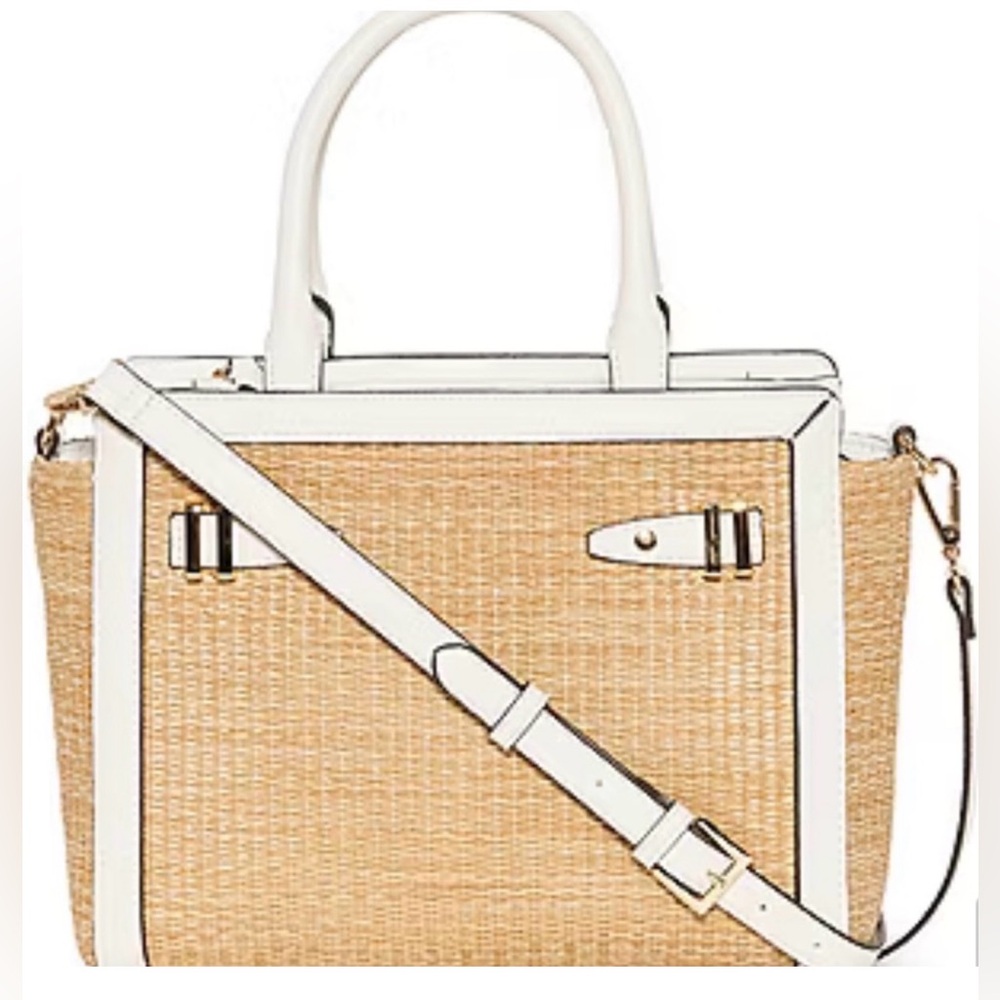 Liz Claiborne Tan White Straw Woven Crossbody Satchel Bag NWT